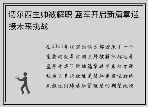 切尔西主帅被解职 蓝军开启新篇章迎接未来挑战